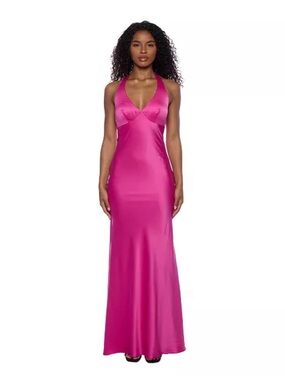 Alex & Sophia - Juniors' Satin V-Neck Halter Gown Size 3/4